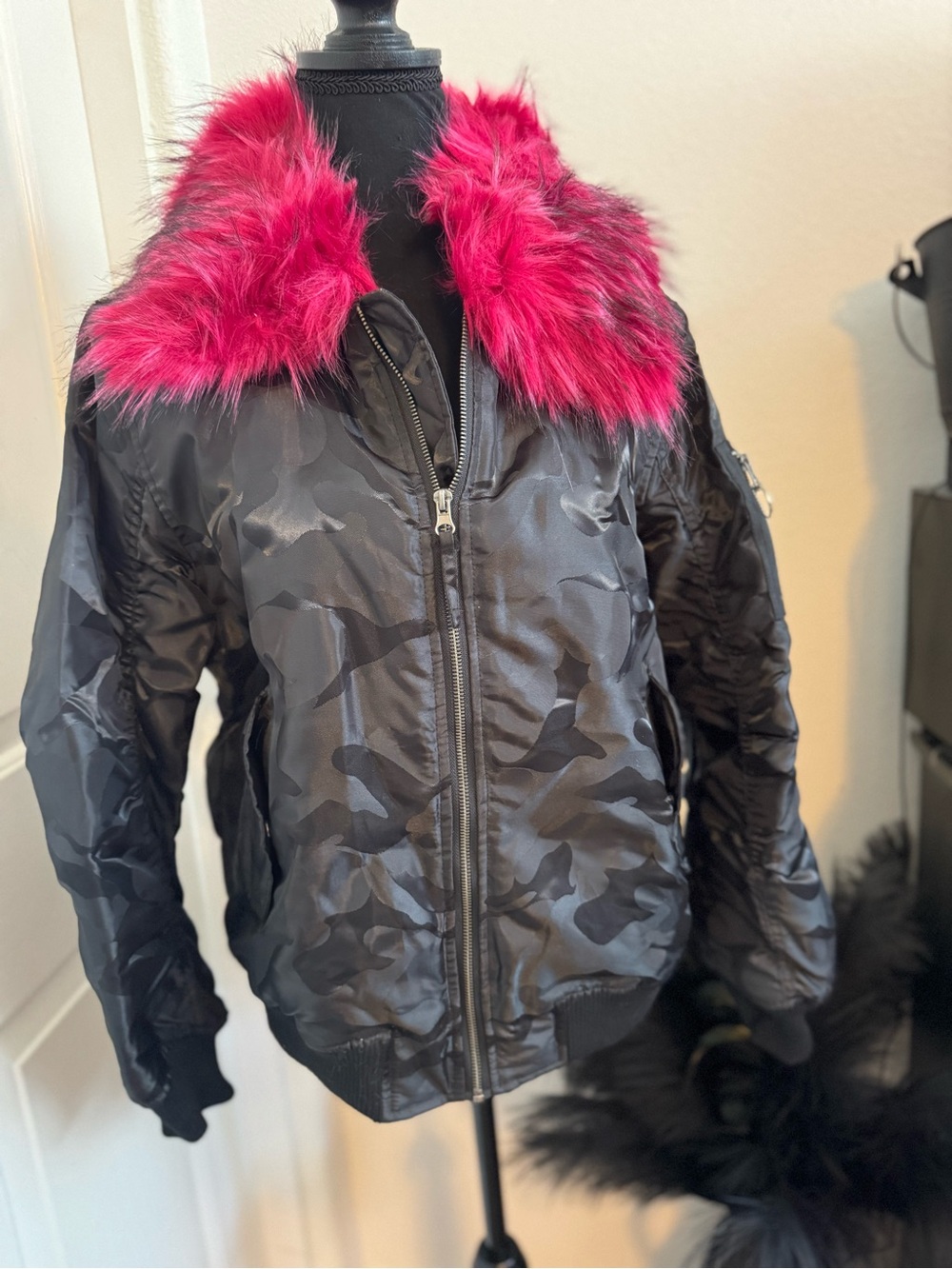 Women’s Black Camo Bomber Jacket with Hot Pink Faux Fur Collar